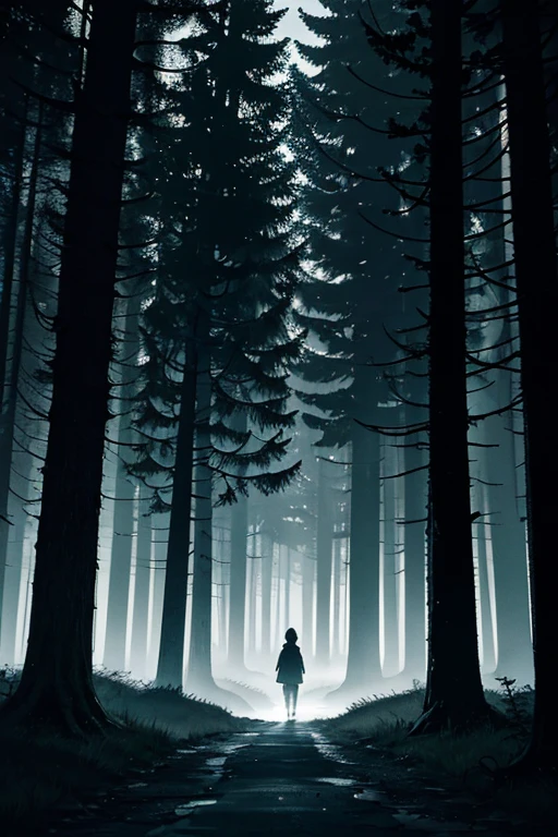 There is a dark photo，Walk alone on the road, in the forest at night, in the forest at night, Night in the woods, In the middle of the dark forest, Weird mood lighting, Mysterious and atmospheric lighting, In the dim light of the dark forest, The headlights are on, In the dark forest, Midnight fog street light, night in the forest