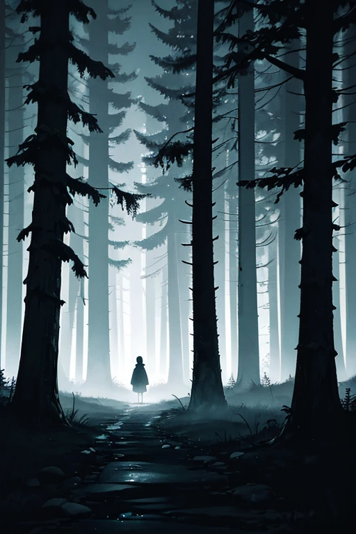 There is a dark photo,Walk alone on the road, in the forest at night, in the forest at night, Night in the woods, In the middle of the dark forest, Weird mood lighting, Mysterious and atmospheric lighting, In the dim light of the dark forest, The headlights are on, In the dark forest, Midnight fog street light, night in the forest