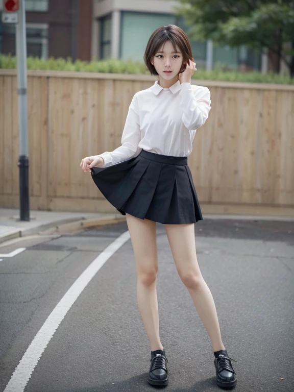 ((school uniform)), (Jumper skirt), ((corset)), (View your viewers), sexy, ((alone)), (1 female), ((Age 25)), ((highest quality)), ((masterpiece)), (Familiar), Perfect Face, 8k , (Cowboy Shot), short hair, (((Pink Hair 1.5))), Bobcut, black eye, Beautiful Princess, smile, Thin thighs, Medium chest, Perfect limbs, ((Metallic costumes)), sexy, Are standing,