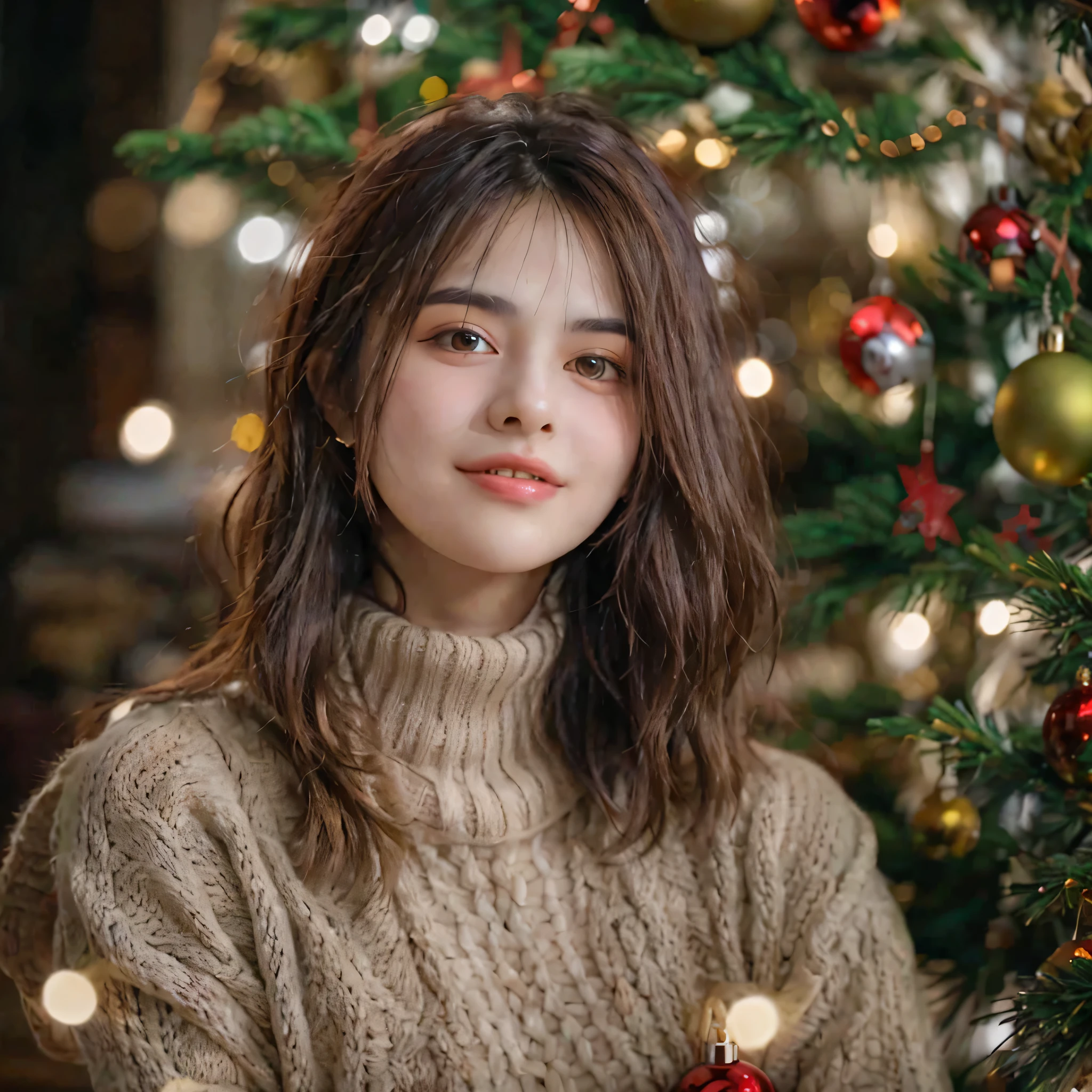 Beautiful young woman spending Christmas,Next to the Christmas tree,Close-up shot
