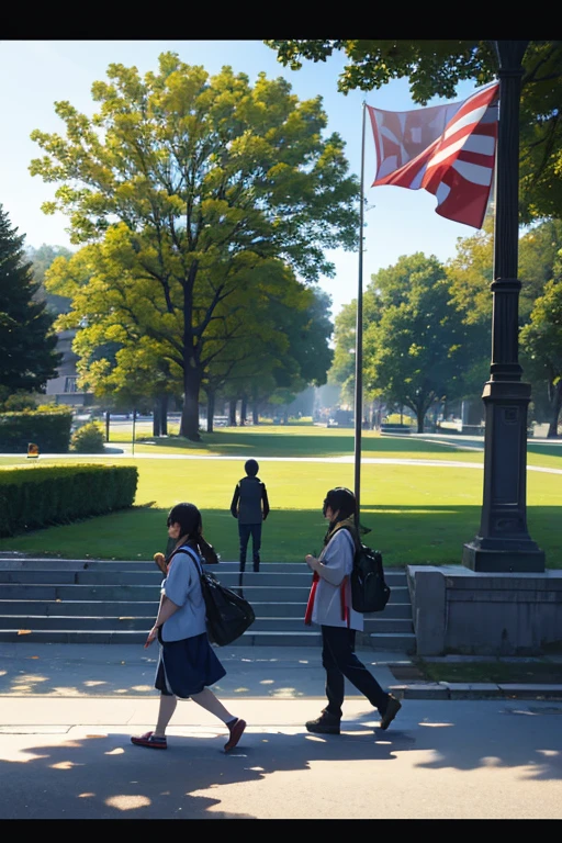 people walking in the park,Background banners and flags, Scenes from live-action movies, Still from a live action movie, screenshots from movies, Great scenes from the movie, screenshots from movies, Opening scene, japanese live action movie, cinematic Film still from, 35mm —w 1920 —h 1080, movie screen shot