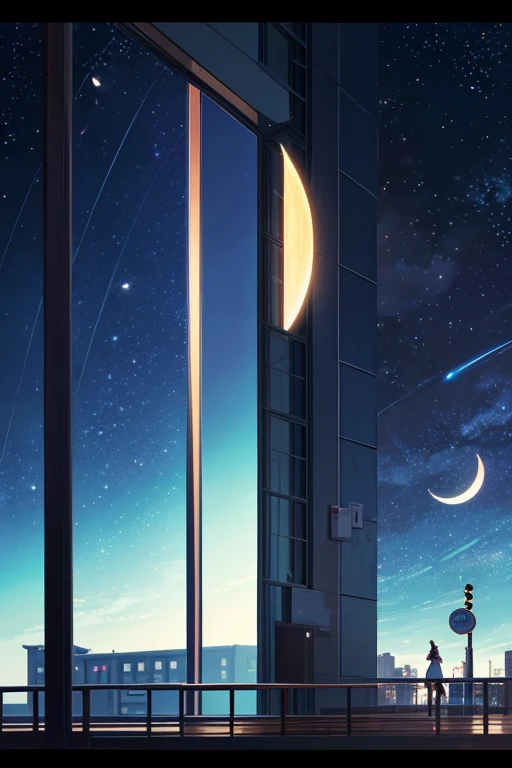 There is a tree in front of the building,There is a crescent moon above, anime scene, beautiful anime scenes, shining crescent moon, 2 0 1 9 animation screenshots, anime screenshot, Today’s recommended anime is still, Screenshot of the 2012 animation, animation stills, anime backgrounds, anime screenshot, 九郎anime screenshot, anime movie screenshot