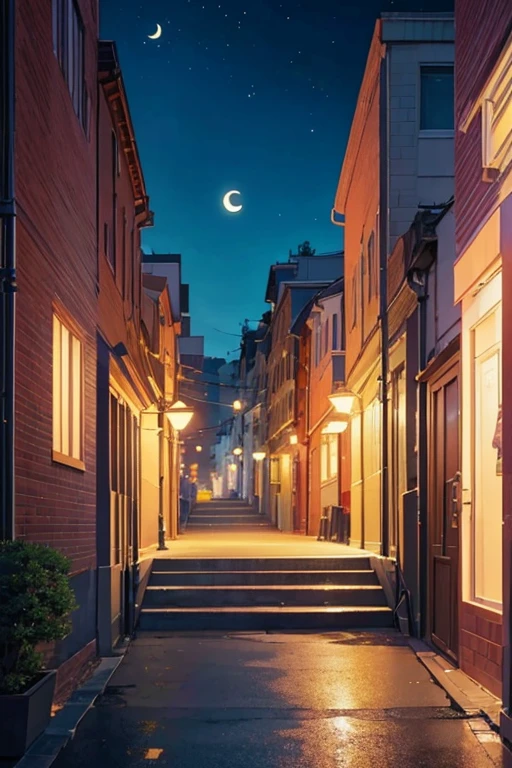 There is a tree in front of the building，There is a crescent moon above, anime scene, beautiful anime scenes, shining crescent moon, 2 0 1 9 animation screenshots, anime screenshot, Today’s recommended anime is still, Screenshot of the 2012 animation, animation stills, anime backgrounds, anime screenshot, 九郎anime screenshot, anime movie screenshot