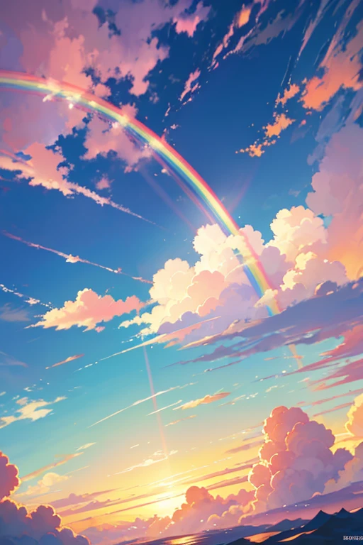 There  a rainbow in the sky，There is a rainbow in the background, Bright rainbow rain clouds, Beautiful floating clouds. jpn, rainbow background, Rainbow Ofanimu stills, Elegant rainbow rain cloud, Anime Cloud, 色彩缤纷的anime movie backgrounds, Anime Sky, rainbow in the sky, 发光的天空paradise background, anime backgrounds, Rainbow clouds, paradise background, anime movie backgrounds