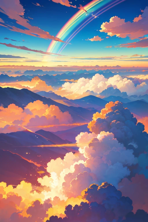 (best quality,4k,8k,highres,masterpiece:1.2),ultra-detailed,(realistic,photorealistic,photo-realistic:1.37),vivid colors,Japanese cartoon, rainbow background, Ophanim (rainbow) concept art, elegant rainbow rainclouds, anime clouds, colorful anime movie background, anime sky, rainbow in the sky, glowing sky paradise background, anime background, rainbow clouds, heavenly background, anime movie background