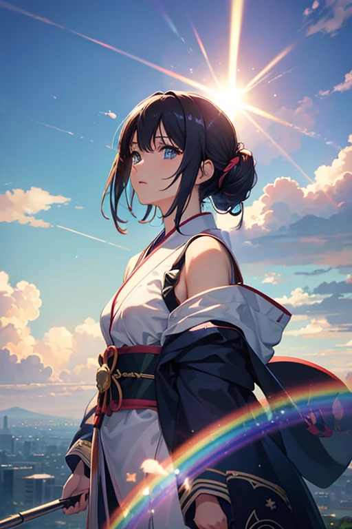 (best quality,4k,8k,highres,masterpiece:1.2),ultra-detailed,(realistic,photorealistic,photo-realistic:1.37),vivid colors,Japanese cartoon, rainbow background, Ophanim (rainbow) concept art, elegant rainbow rainclouds, anime clouds, colorful anime movie background, anime sky, rainbow in the sky, glowing sky paradise background, anime background, rainbow clouds, heavenly background, anime movie background