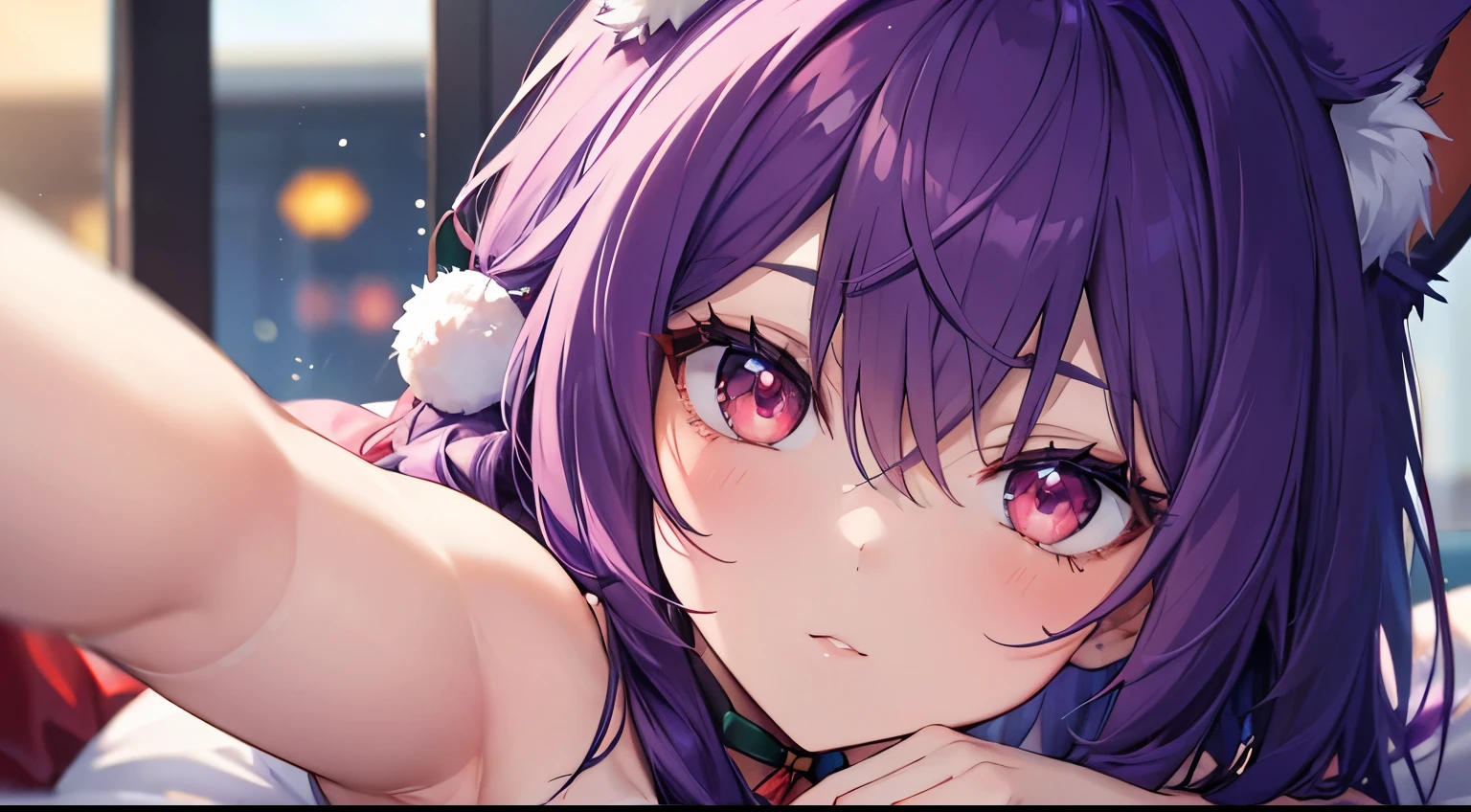 christmas,foxgirl, D cup , purple hair, masterpiece , red eyes, close up view, kiss ear,