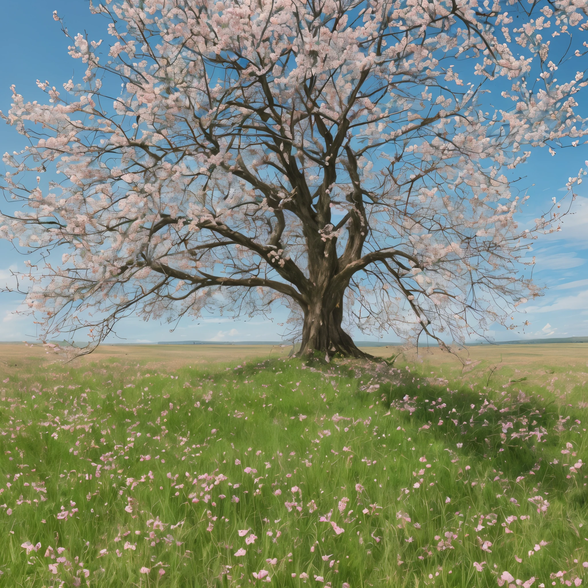 isolated blooming cherry tree with a round crown on top of a green grassy hill, visible branching, tree in the middle of the picture, grass without flowers, pure blue sky in the background, drawing, high quality --auto --s2