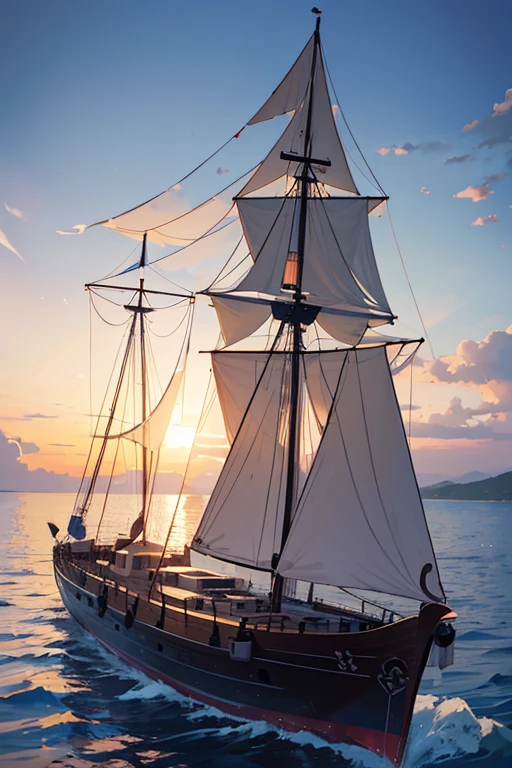 late sunset,There is a ship sailing in the water, Xinhai sincerely. —h 2160, ( ( Xinhai sincerely ) ), Blue sea. author:Xinhai sincerely, Xinhai sincerely, Xinhai sincerely!, Makoto Shinkai's style, makoto shinkai movie, Xinhai sincerely!!, Anime beautiful peaceful scene