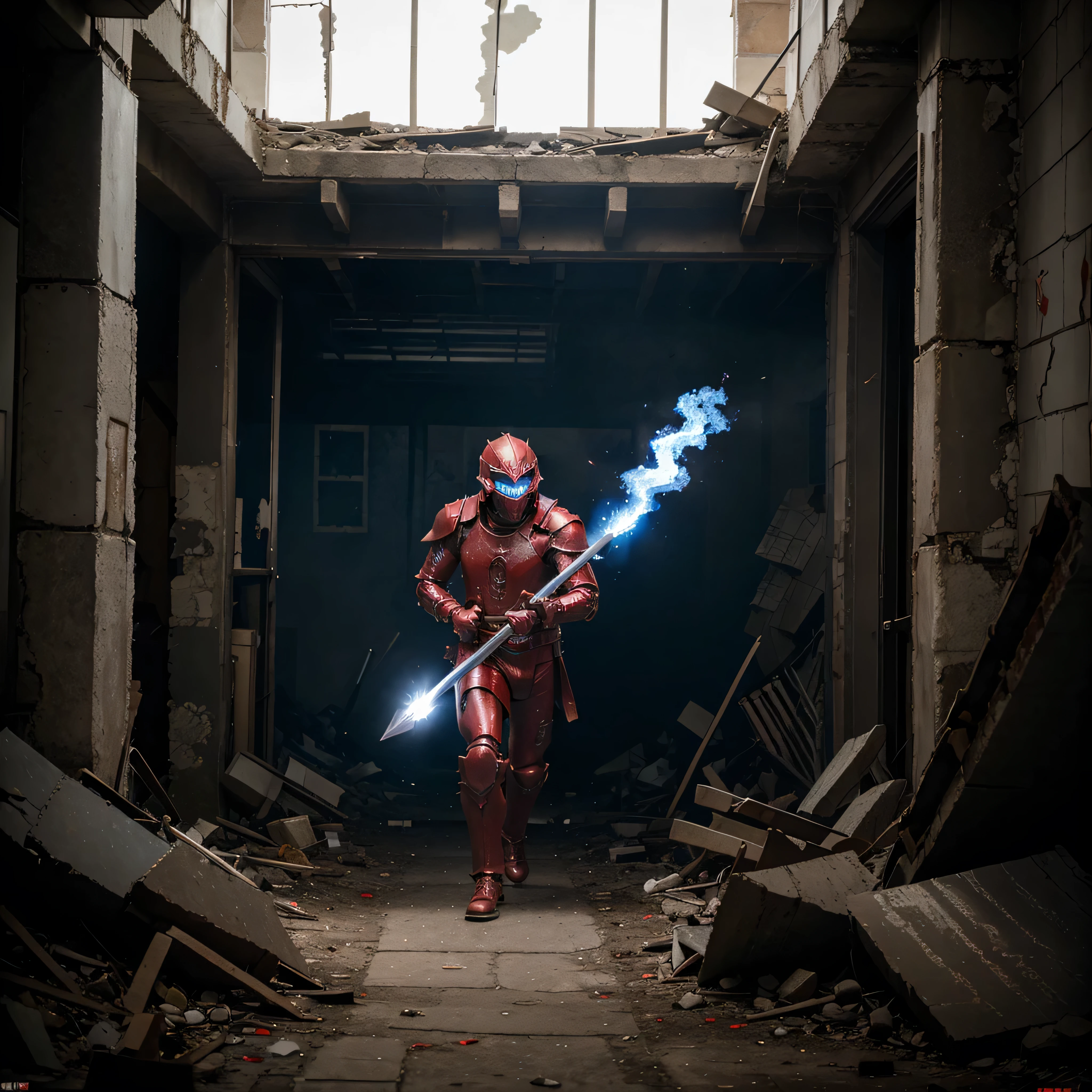 Man wearing red armor holding a blue fire knife Chase and slash the zombies that are running towards you. Inside the ruined city