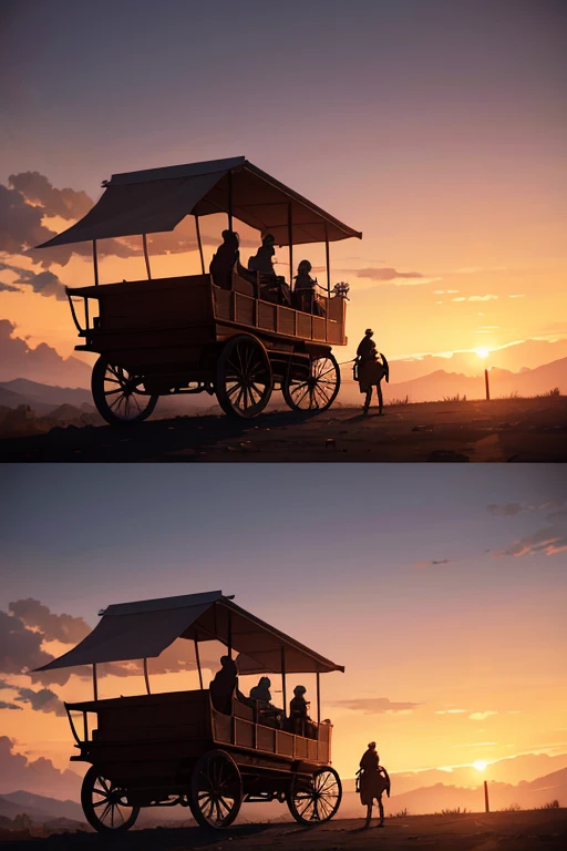 Sunset scene with carriage，There was a man on it, The most beautiful scene, Western animation, Opening scene, screenshot from the anime film, anime movie screenshot, 美丽的构图, anime film still, cutscene clip, beautiful scene opening, kinematics, Red Dead Redemption：Redemption：Redemption艺术风格, cinematic sunset, Screenshot of the 2012 animation