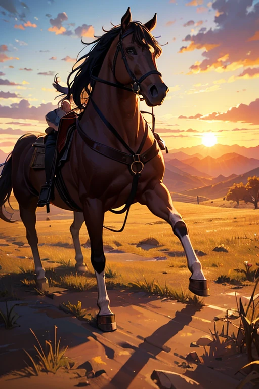 (best quality,4k,8k,highres,masterpiece:1.2),ultra-detailed,(realistic,photorealistic,photo-realistic:1.37),horse-drawn carriage,man in the scene,dramatic sunset view,Western animation,opening scene,animation movie screenshot,anime movie screenshot,beautiful composition,anime movie still,transitional animation clip,beautiful opening scene,kinematics,Red Dead Redemption: Redemption art style,movie sunset,2012 animation screenshot