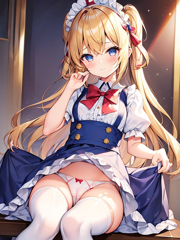 1girl in, 独奏, length hair, blue eyess, blonde hair, diadems, sitting on, I don't wear any underwear、A pose where you can be seen from below、Spreading legs with both hands、Pussy丸見え, doress, the bow, The card, pinafore, shairband, PlayingCards, looking at the viewers, shortsleeves, 髪のthe bow, 青いshairband, a smile, red blush, hand on own face, 青いdoress, alice(不思議の国のalice), hair between eye, a chair, Black pantyhose, 青いthe bow, a throne, puffy sleeves, Put your hand on your cheek, bangss, ふくらんでいるshortsleeves, bow ribbon、非常にlength hair、mini crown、foot out of frame、frilld、白いpinafore、:q、masterpiece、top-quality、((lifted skirt、Pussy、camel's toe)))、SEX、NFSW、