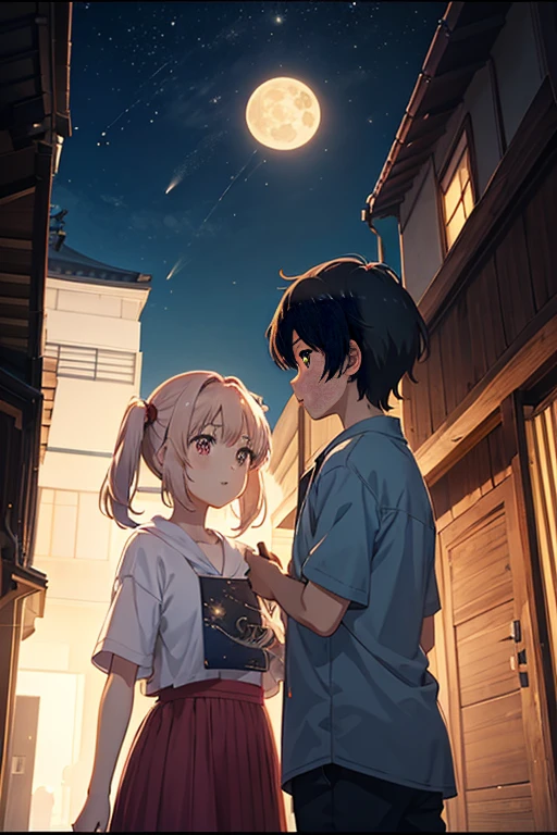 "a girl and a boy watching the moon in an anime scene, recommended anime, anime movie screenshot, TV anime still, Yuruyuri, anime movie screenshot, before the moon, at night!, moonlight, night, Kyoto Animation still, before the pale full moon, inspired by anime"