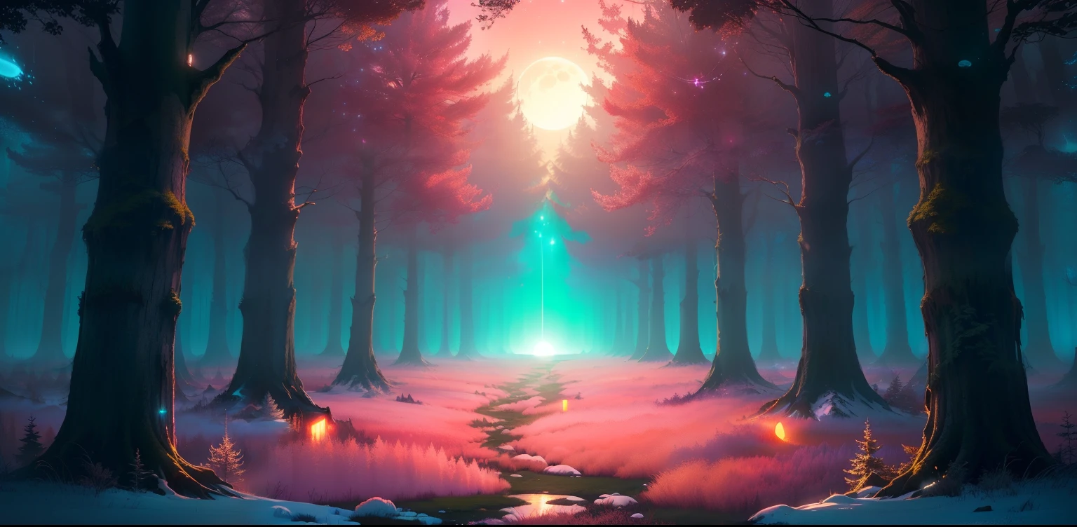 bright photo of a forest with a full moon in the distance, Cinematic forest lighting, Forest Pink Misty Planet, Glowing multi-colored mist, Forest scene in cyberspace, Unreal solar flare engine, Magical colors and atmosphere, Soft neon atmosphere, Magical colors and atmosphere, soft calm warm neon atmosphere, in a voluminous soft glowing mist, Cyberpunk forest, Glowing Forest, distant bright fairy lights