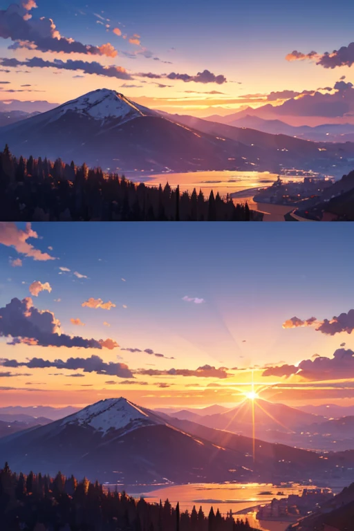 Sunset on the mountain,An airplane flying in the sky, Watching the sun set. jpn, beautful view, sunset backdrop, Opening scene, sunrise background, The most beautiful sunset, sun setting in background, Sunny wide angle shot, Sun sunset, sun setting in background, beautiful sunset, golden hour background, Sunset in the background, sunset lights 8k