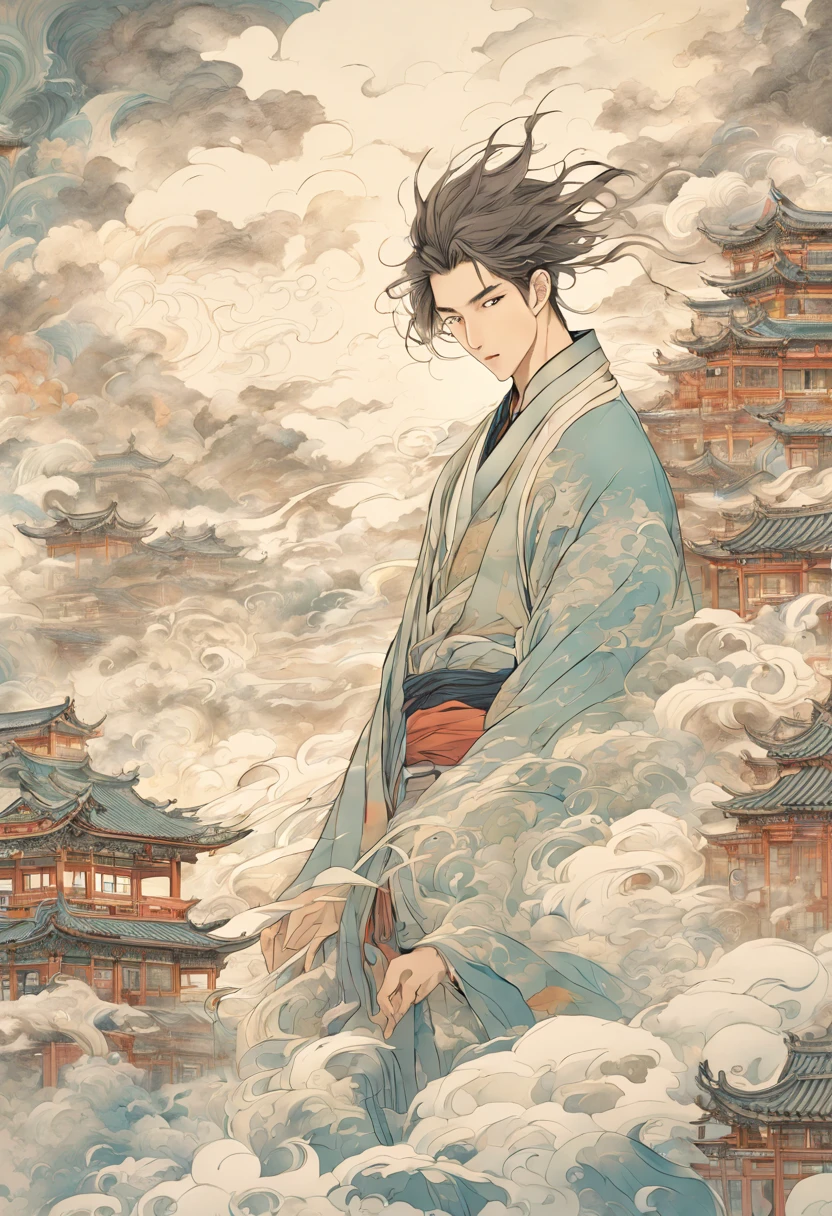 from outside, (Handsome young man), water spirits, clouds, complex light, pastel colours, Xianxia modern, (((Detailed drawing))), against the backdrop of the city