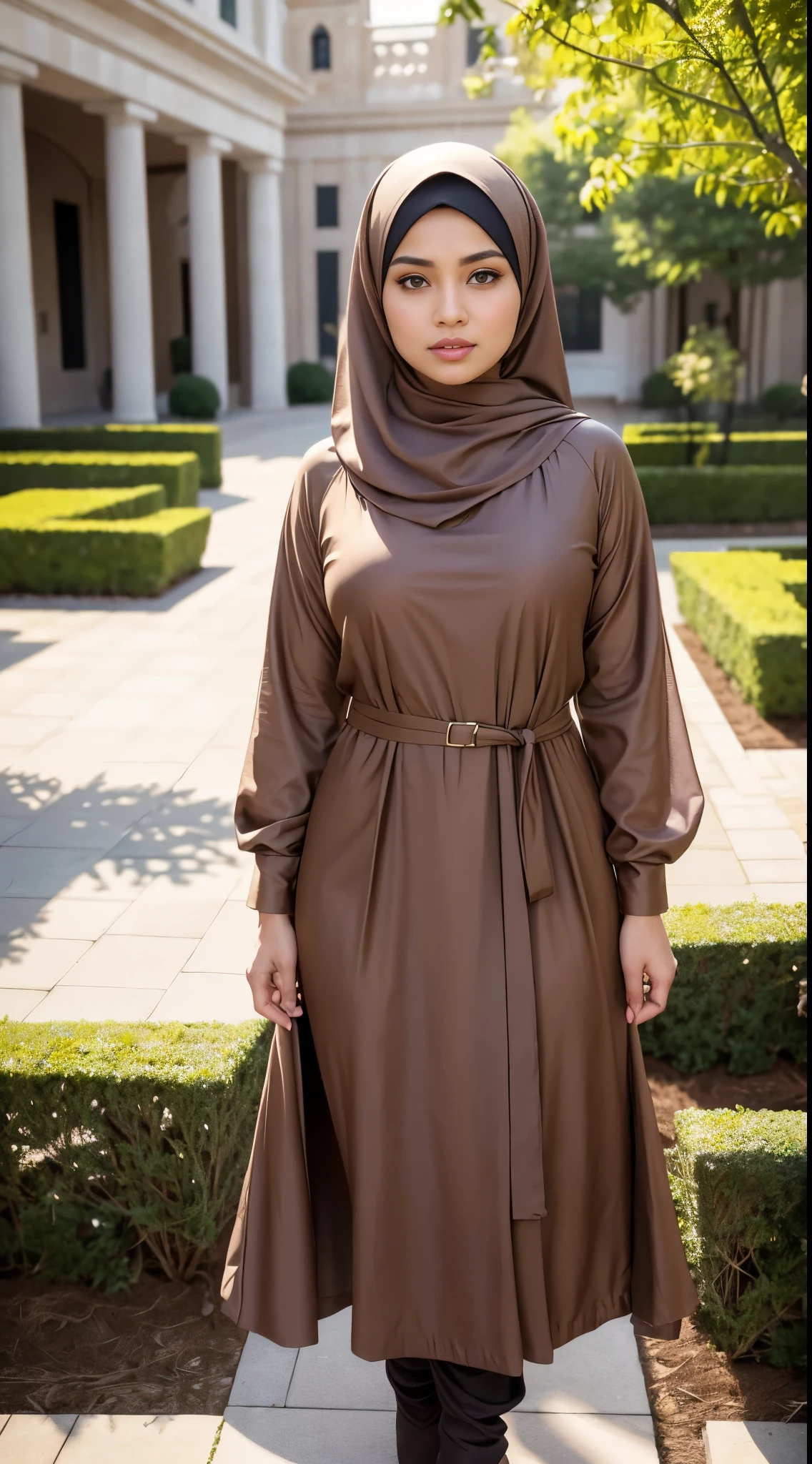 ( Close Up),RAW, Best quality, high resolution, masterpiece: 1.3), beautiful Malay woman in hijab, Masterpiece, perfect fit body, big breasts, beautiful big eyes, Soft smile, beautiful face, thick thighs, woman in a brown dress and black shoes posing for a picture, sophisticated dress, elegant suit, modestly dressed, long dress female, idian dress, brown clothes, modest flowing gown, coat pleats, elegant dress, muted brown, elegant clothes, dressed thobe, brown color, product photo, modest!, detailed picture, light brown ,(Delicate turtleneck) , shairband, afternoon walk, City garden, Excellent lighting, Bright colors, Clean lines,