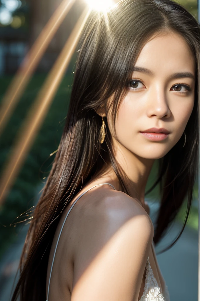 (Photoreal Stick:1.5, masutepiece:1.5, 8K), (top-quality, masterpiece, 超A high resolution), (Face Sharp Focus:1.45), Professional camera work:1.25, Highly detailed skin and facial texture:1.3, Grow Light Effect, The ultra-detailliert:1.3, 1girl in, Fair skin, (Sense of clarity:1.5), Extremely beautiful face:1.3, Sense of clarityを感じる目:0.9, looking distantly, Enraptured look:1.0, i love you completely:0.8, slightly open mouth:0.4, Sense of clarityを感じる口当たり:0.7, 二重まぶた, Dark brown medium hair, necklace and earrings, looking at viewert, (the morning sun, Intense sunlight:1.3, sunlight shining from behind:1.3, Strong sunlight spreads across the screen:1.5)