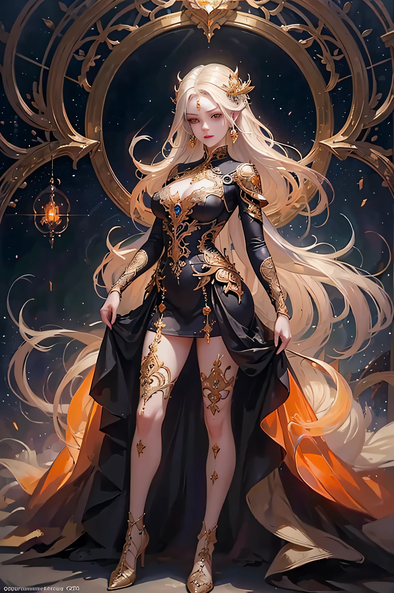 ((full body)), award winning full body portrait of a beautiful woman, ((perfect feminine face)),(Long sleeves) Gazebo, Complex, (Beautiful Detail Eyes, elongated eyebrows),shaded flat illustration, digital art, trending on artstation, highly detailed, fine detail, intricate, in a city at dark night. cute orange dress, midriff.