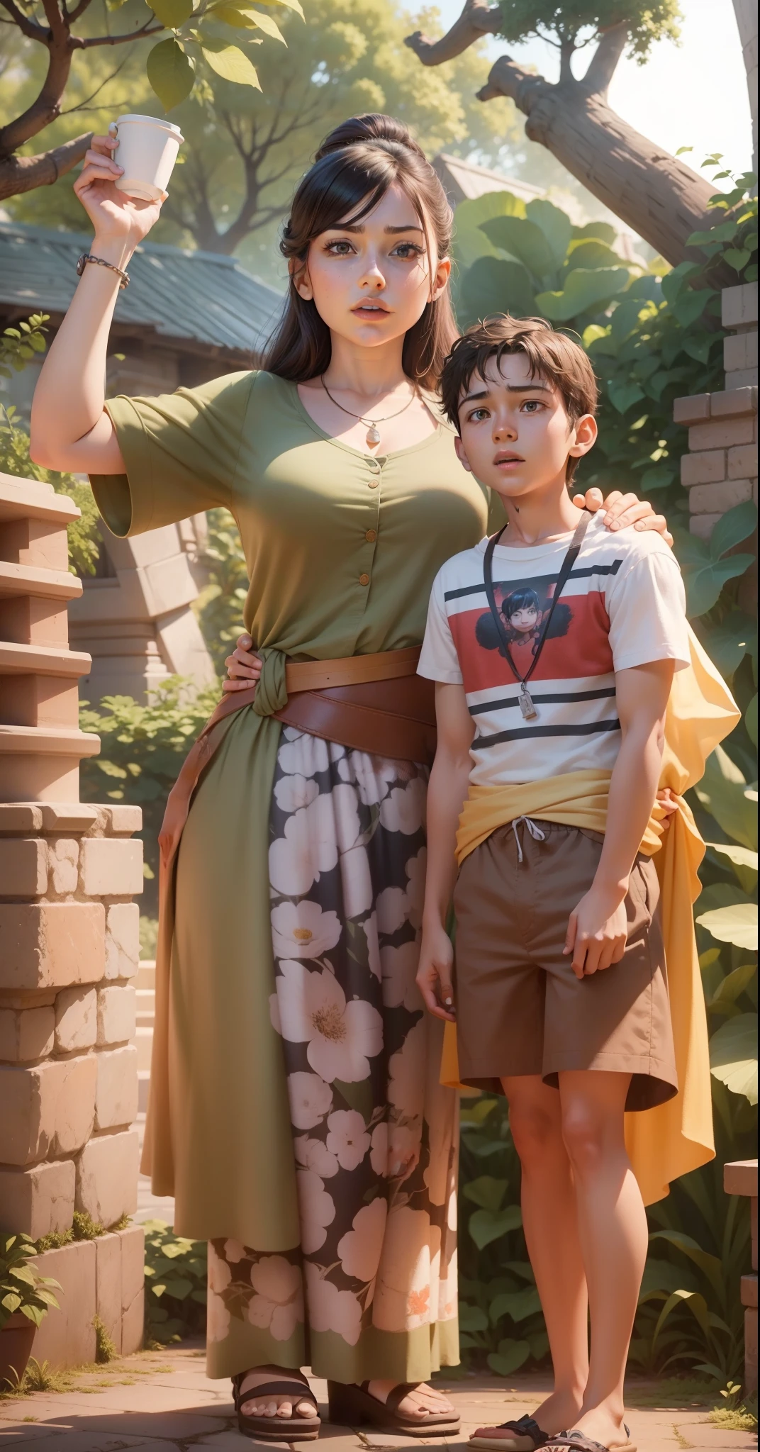 there is a woman and a boy standing next to each other, medium shot of two characters, animated film still, rendering, photorealistic, animated film, close-up full body shot, animated film still, official art, realistic photo, animated film still, promotional image films, animated stills, in animation style, detailed portrait shots