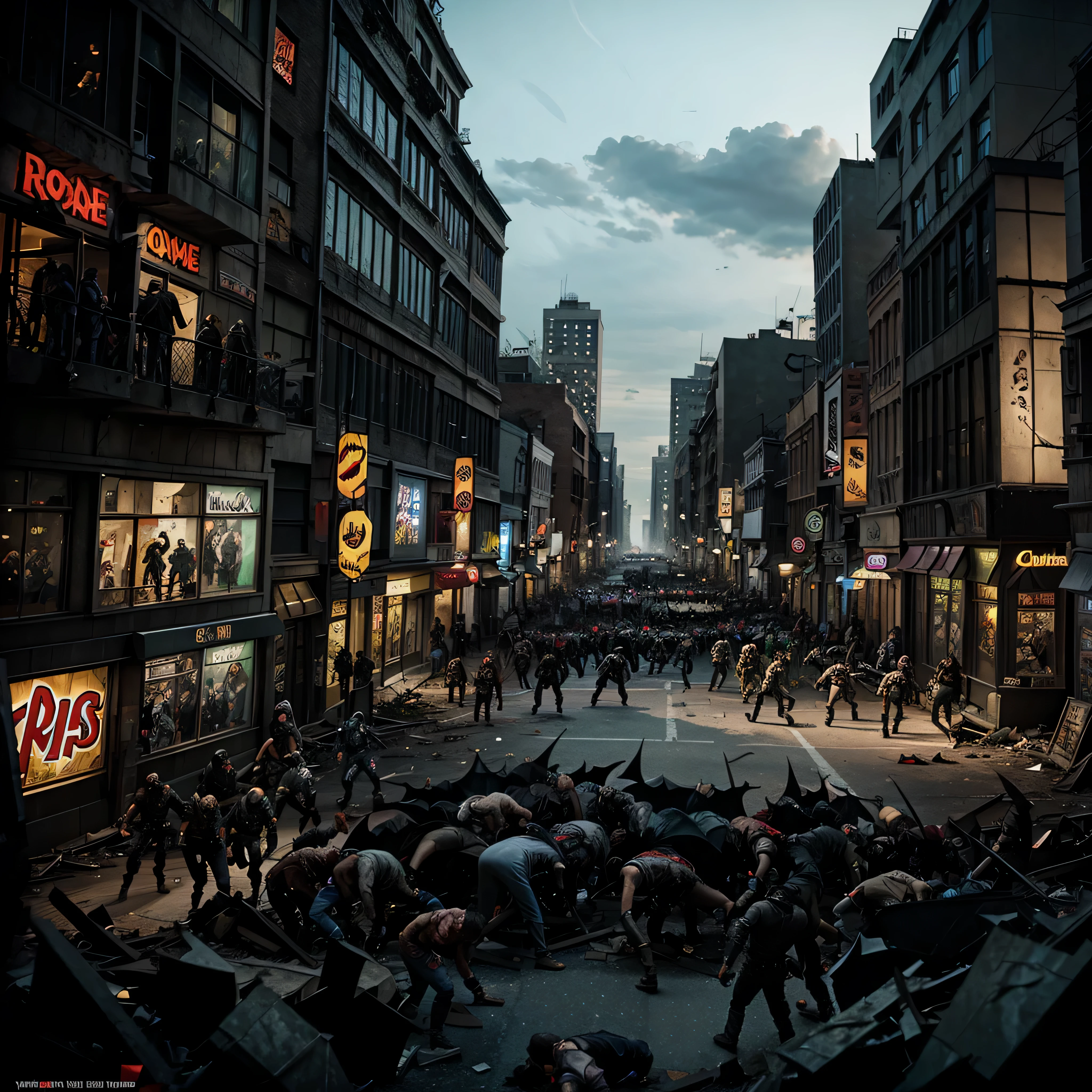 batman fight Horde of zombies in The city is in ruins.