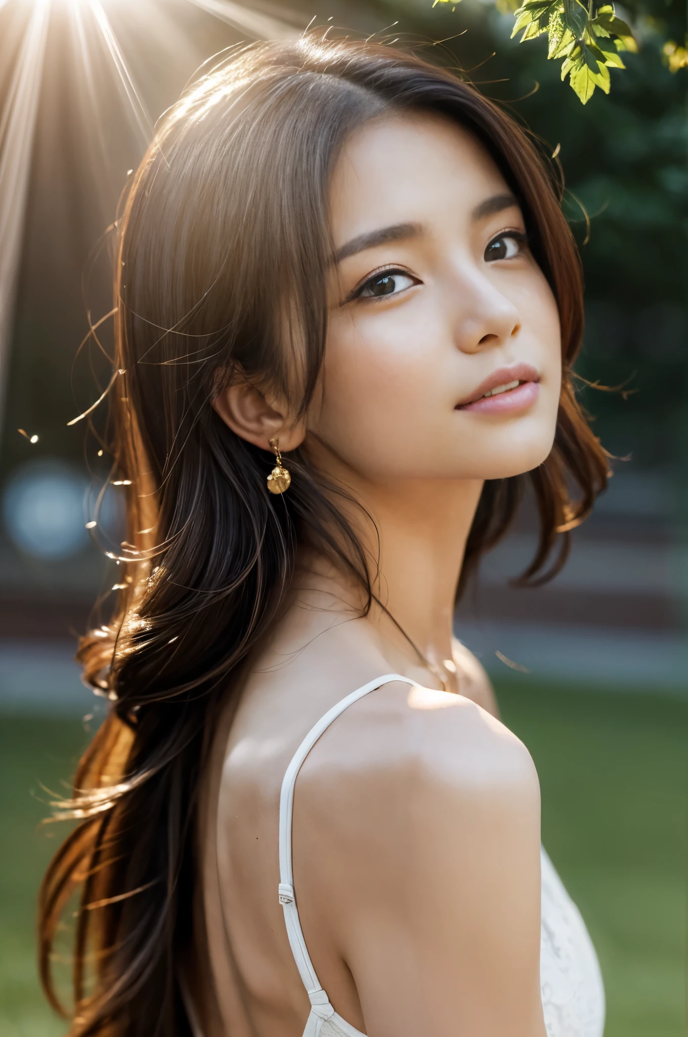 (Photoreal Stick:1.5, masutepiece:1.5, 8K), (top-quality, ​masterpiece, 超A high resolution), (Face Sharp Focus:1.45), Professional camera work:1.25, Highly detailed skin and facial texture:1.3, Grow Light Effect, The ultra-detailliert:1.3, 1girl in, Fair skin, (Sense of clarity:1.5), Extremely beautiful face:1.3, Sense of clarityを感じる目:0.9, looking distantly, Enraptured look:1.0, i love you completely:0.8, slightly open mouth:0.4, Sense of clarityを感じる口当たり:0.7, 二重まぶた, Dark brown medium hair, necklace and earrings, looking at viewert, (the morning sun, Intense sunlight:1.3, sunlight shining from behind:1.3, Strong sunlight spreads across the screen:1.5)