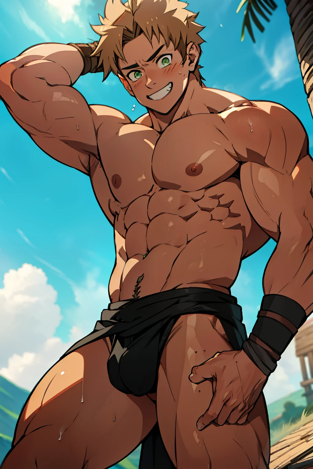 red skin, bright red skin, the boy blushed shyly , rosy skin, shiny skin(muscular thigh muscles )(Naruto anime style, art) (photo angle from bottom up) (photo angle from the ground upwards) [Anime photo][highest quality photo][4k,HD photo quality ] wear tight and short loincloths ,the loincloth bulges due to the erect male genitaluscular thigh muscles, firm thigh muscles, muscular thigh muscles, sinewy thigh muscles, giant thigh muscles, strong leg muscles, muscular hamstring leg muscles)(thigh muscles bulging as if about to explode, muscular, calloused, sinewy, giant) , Rudeus Greyrat,fun, happy,bodybuilder,bodybuilding, standing, lots of sweat flowing down, topless, shirtless, hot sunny, 8 pack abs , short hair , green eyes