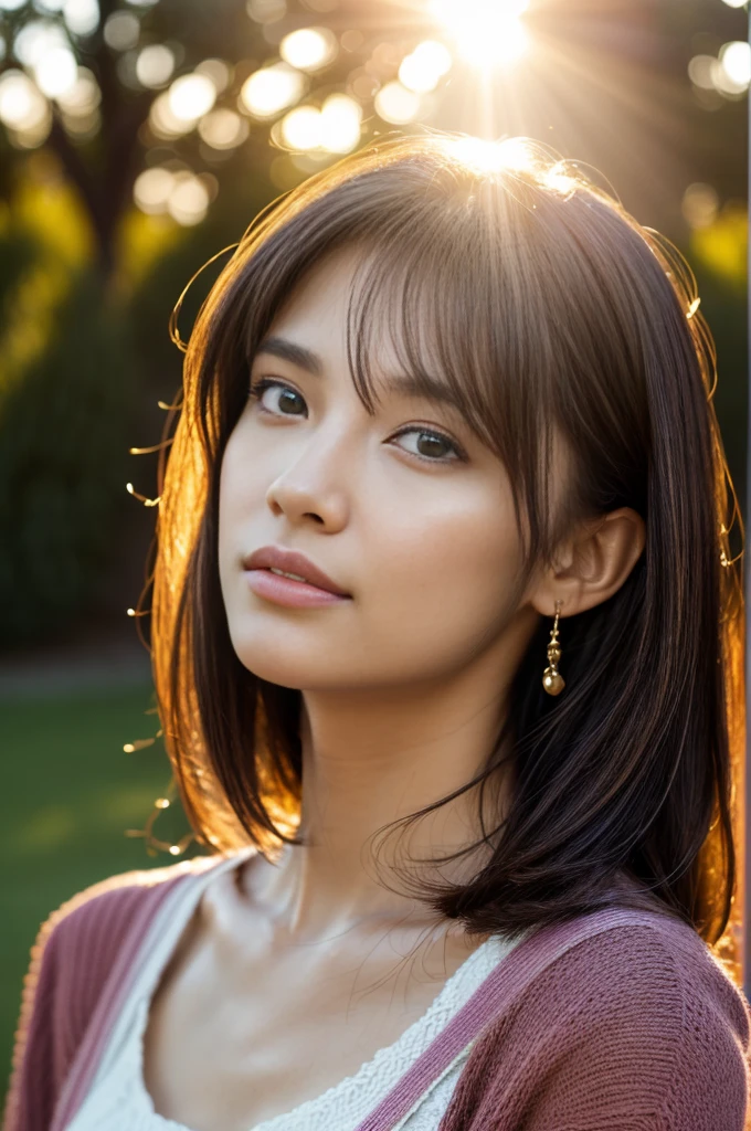 (Photoreal Stick:1.5, masutepiece:1.5, 8K), (top-quality, masterpiece, 超A high resolution), (Face Sharp Focus:1.45), Professional camera work:1.25, Highly detailed skin and facial texture:1.3, Grow Light Effect, The ultra-detailliert:1.3, 1girl in, Fair skin, (Sense of clarity:1.5), Extremely beautiful face:1.3, Sense of clarityを感じる目:0.9, looking distantly, Enraptured look:1.0, i love you completely:0.8, slightly open mouth:0.4, Sense of clarityを感じる口当たり:0.7, 二重まぶた, Dark brown medium hair, necklace and earrings, looking at viewert, (the morning sun, Intense sunlight:1.3, sunlight shining from behind:1.3, Strong sunlight spreads across the screen:1.5)