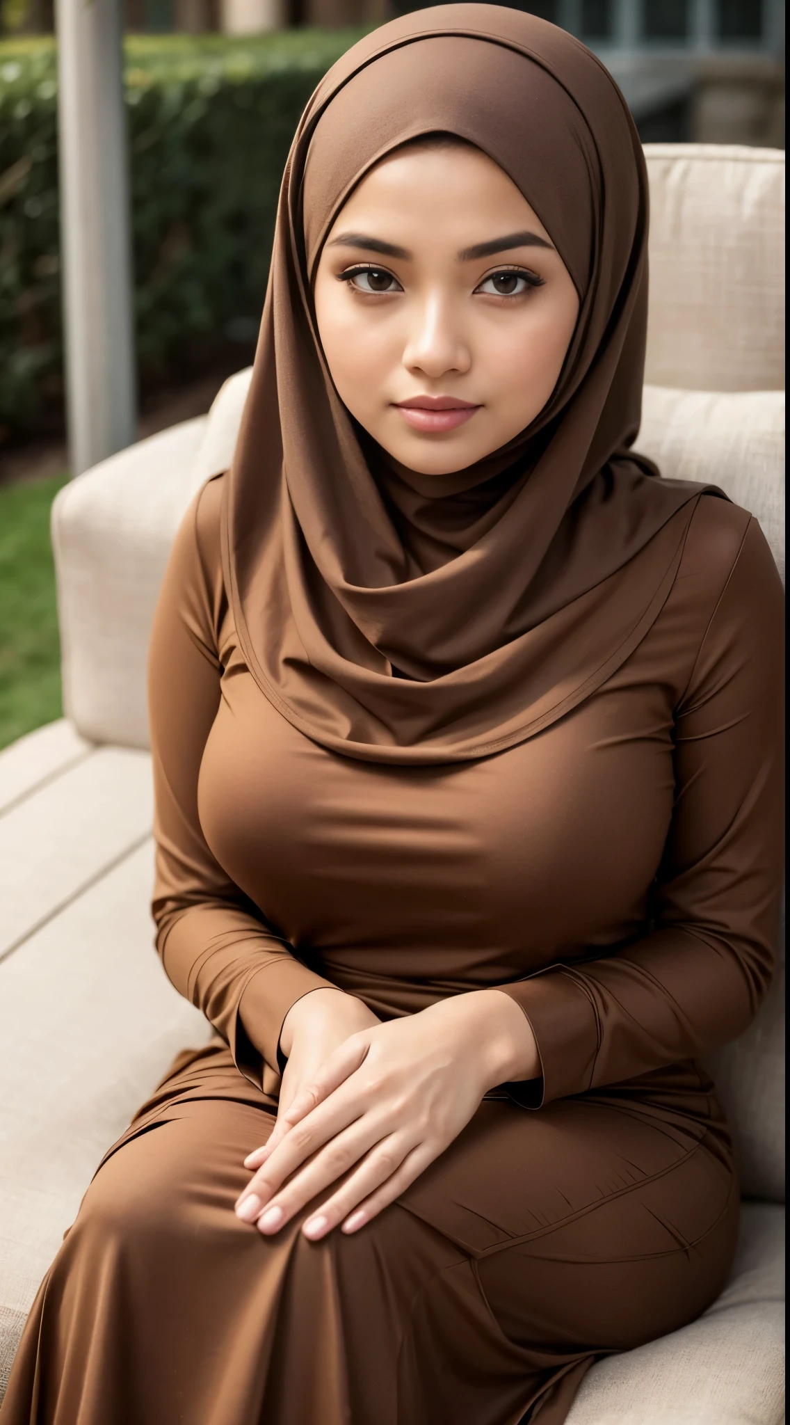 ( Close Up),RAW, Best quality, high resolution, masterpiece: 1.3), beautiful Malay woman in hijab, Masterpiece, perfect fit body, big breasts, beautiful big eyes, Soft smile, beautiful face, thick thighs,sitting, woman in dress brown , posing for photos, sophisticated dress, elegant suit, modestly dressed, women's long dress, brown clothing, simple flowing dress, coat pleats, elegant dress, muted brown, elegant clothing, brown color, detailed image, light brown ,(Delicate turtleneck ), evening walks, City parks, Great lighting, Bright colors, Clean lines