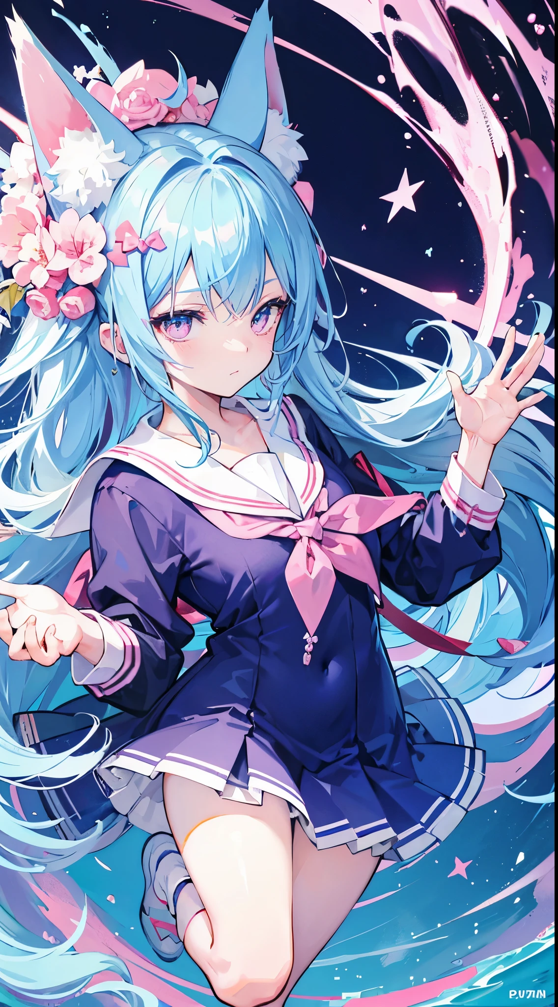 1 ,There are cat ears on the head,lightblue hair,a pink eyes,a sailor suit,facial closeups,cute big breasts,Decoration in the shape of a pentagonal statue