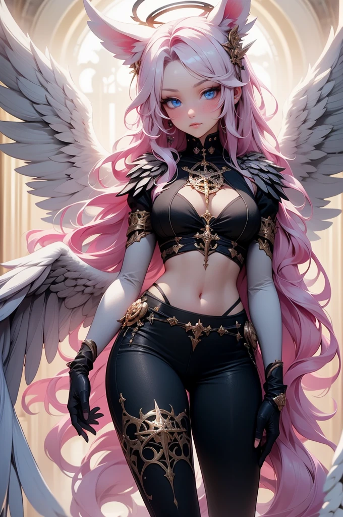 {-erro_de_anatomia:1.0} woman, solo, long hair, breasts, sideboob, areola, long white hair, white stockings, pink heart-shaped wings, compass rose halo, wings, navel, gloves, bunny ears, diaphragm, magic circle, asymmetrical legwear, angel, angel wings, small pink wing, animal ears, very long hair, blue eyes, pink wings, big breasts, mismatched pants, single shoe, feathered wings, blue eyes, shoes, high socks, crop top pink, cross, white hair, looking at the viewer, close up the face, portrait
