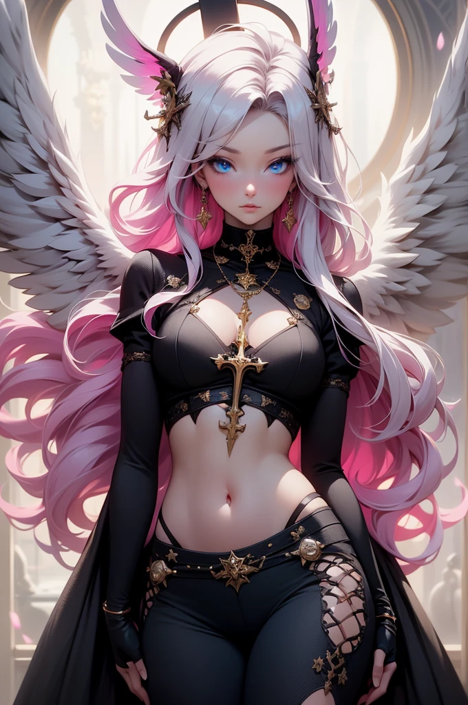 {-erro_de_anatomia:1.0} woman, solo, long hair, breasts, sideboob, areola, long white hair, white stockings, pink heart-shaped wings, compass rose halo, wings, navel, gloves, bunny ears, diaphragm, magic circle, asymmetrical legwear, angel, angel wings, small pink wing, animal ears, very long hair, blue eyes, pink wings, big breasts, mismatched pants, single shoe, feathered wings, blue eyes, shoes, high socks, crop top pink, cross, white hair, looking at the viewer