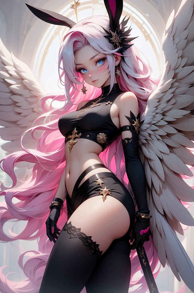 {-erro_de_anatomia:1.0} woman, solo, long hair, breasts, sideboob, areola, long white hair, white stockings, pink heart-shaped wings, compass rose halo, wings, navel, gloves, bunny ears, diaphragm, magic circle, asymmetrical legwear, angel, angel wings, small pink wing, animal ears, very long hair, blue eyes, pink wings, big breasts, mismatched pants, single shoe, feathered wings, blue eyes, shoes, high socks, crop top pink, cross, white hair, looking at the viewer, close up the face, portrait