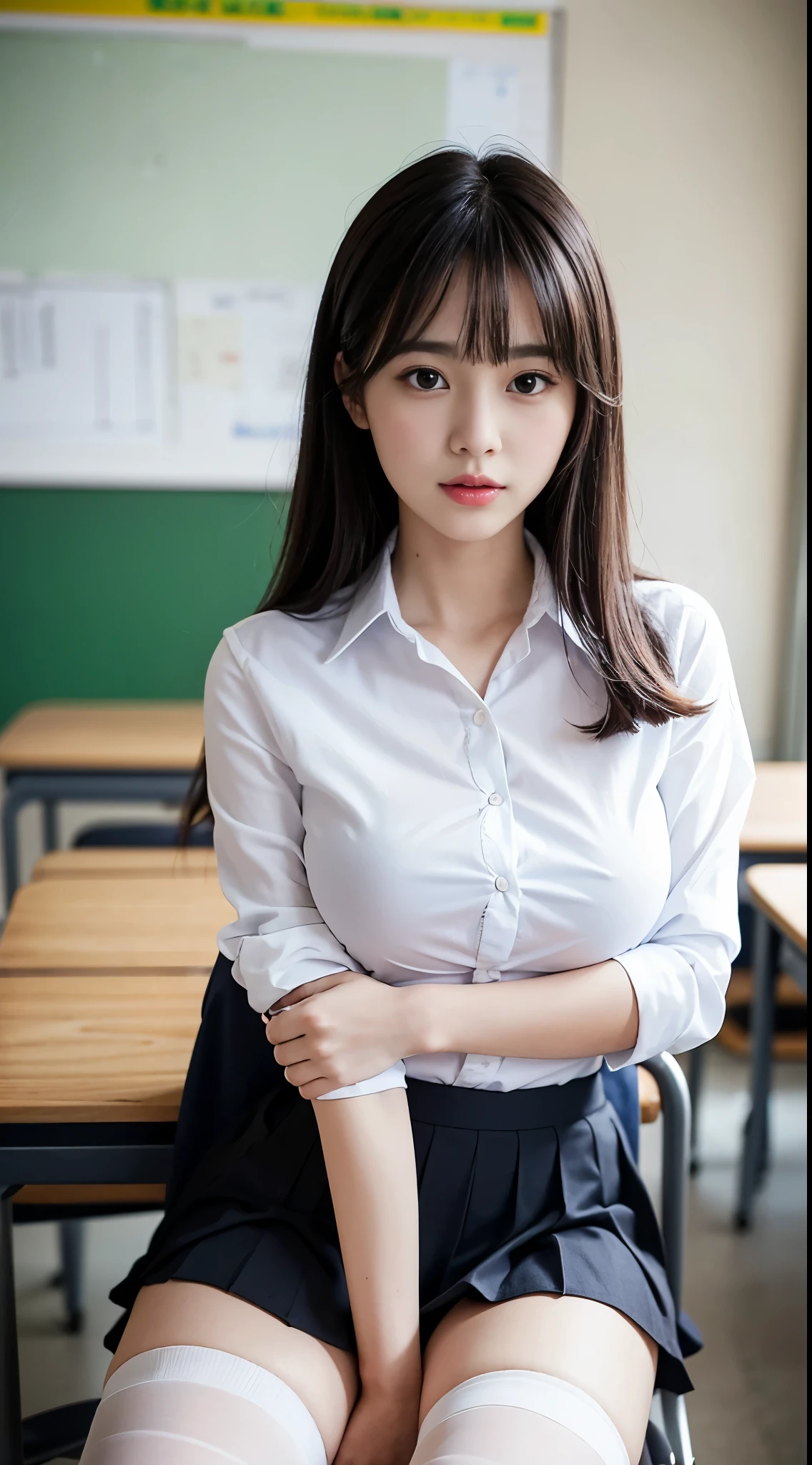 1 woman, in classroom, thighs, school uniform, realistic, raw photo, white shirt, pleated skirt, black short socks, roafer, medium hair, bangs, looking at viewer, best quality, large breast,