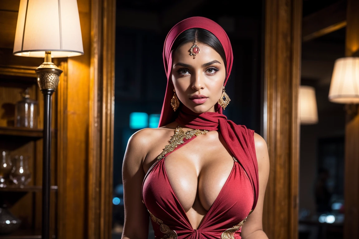 Moroccan girl, Brunnete, (Seductive Morrocan dress with very loose head scarf), (plunging neckline), BREAK, (Traditional Morrocan street), (dazzling neon lights), (confident stance), (alluring allure), (impeccable craftsmanship), (exquisite attention to detail), (irresistible sexiness), (designed to ignite passion), (undeniable sensuality). masterpiece, best quality, highly detailed, (Beautiful and detailed eyes beautiful and detailed face), Perfect female body, (Best Quality), (ultra-detailed), (masterpiece), (high resolution), (Original), (the Extremely Detailed CG Unity 8K Wallpaperully, perfect skin, perfect face, ultra-realistic.