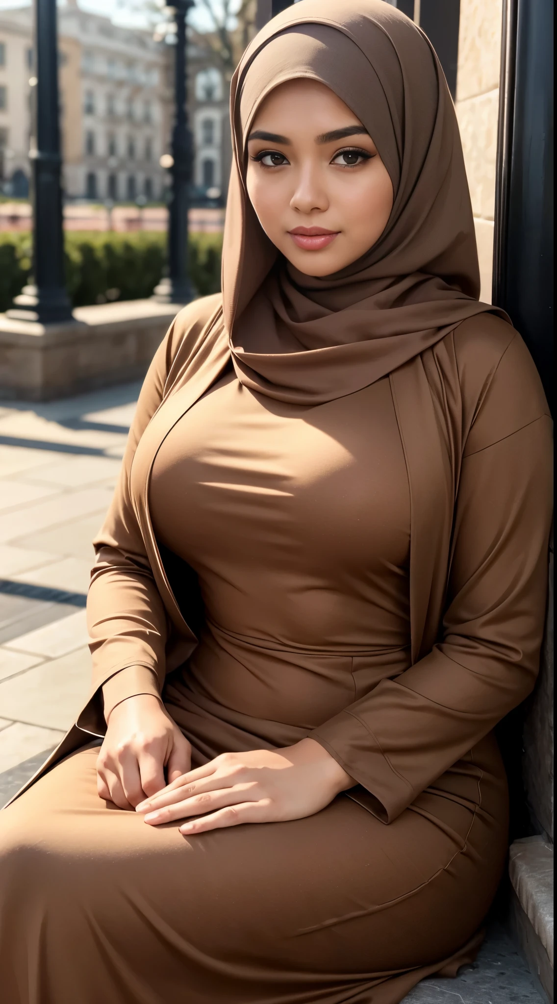 RAW, Best quality, high resolution, masterpiece: 1.3), beautiful Malay woman in hijab, Masterpiece, perfect fit body, big breasts, thick thighs, beautiful big eyes, Soft smile, muslim woman in a maroon cloth, wearing a fisher 🧥, 🤠 using a 🖥, taupe, long skirt, City parks, Great lighting, Bright colors, Ultra realistic clean lines, very realistic