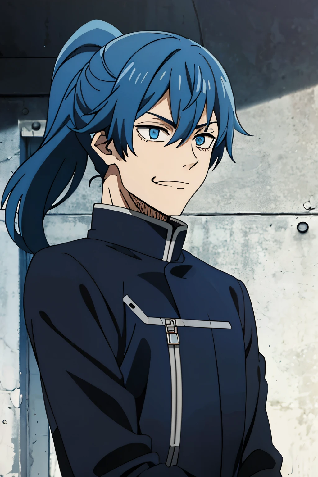 1boy, blue hair, blue eyes, ponytail, messy bangs ,black jacket, smirk, long sleeves,