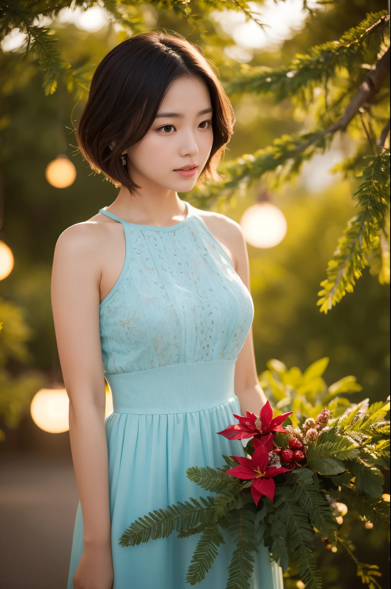 HONG KONG Girl ((September Ai)) with brown colour skin,aqua colour short hair,Create a intricately detailed christmas astronaut,Christmas vibe,golden hour,lit from behind,ultradetailed ultrarealistic,gleaming,work of beauty complexity and complexity,close-up,chrismascore,christmas,ColorART,poinsettia flowers cascading,christmas ornaments,colorful