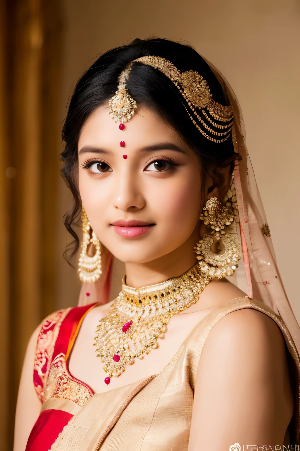 A girl adorned in very elegant traditional Indian attire. Indian wedding photoshoot. ((Perfect face))