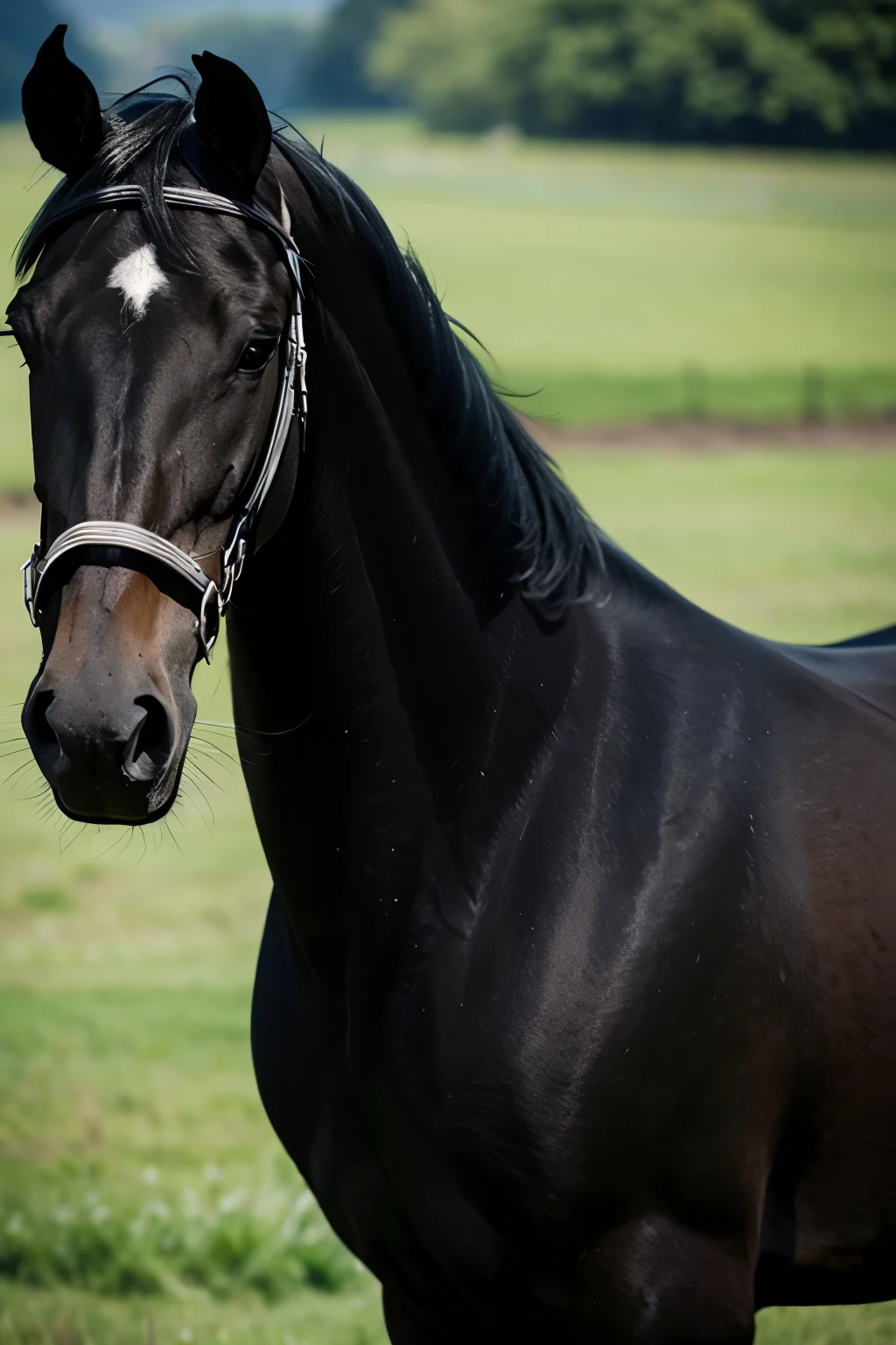 A black horse on the grassland，Close-up