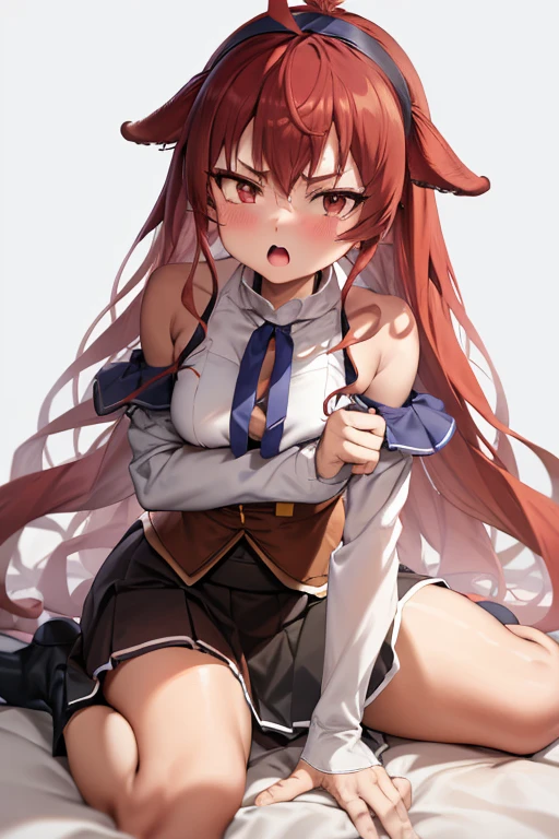 pantyjob, panties on , cum all over, cum in mouth,  eris greyrat, 1girl, ahoge, bangs, bare shoulders, black footwear, black hairband, black skirt, closed mouth, frilled skirt, frills, hairband, long hair, long sleeves, looking at viewer, object hug, pantyhose, red eyes, red hair, shirt, sidelockackground, skirt, solo, stuffed animal, stuffed toy, teddy bear, very long hair, white background, white pantyhose, white shirt, commentary request, anho, mushoku tensei