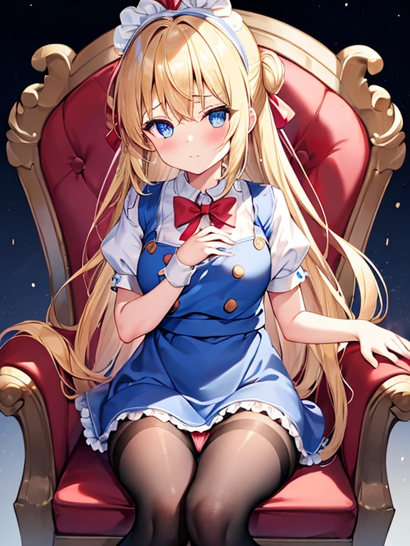 1girl in, (No Panties),(OPEN twat), length hair, blue eyess, blonde hair, diadems, sitting on, I don't wear any underwear、A pose where you can be seen from below、Spreading legs with both hands、full view, doress, the bow, The card, pinafore, shairband, PlayingCards, looking at the viewers, shortsleeves, the bow of the hair, blue hairband, a smile, red blush, hand on own face, blue dress, alice(alice in Wonderland), hair between eye, a chair, Black pantyhose, blue the bow, a throne, puffy sleeves, Put your hand on your cheek, bangss, apron dress, shortsleeves, bow ribbon、very long hair、mini crown、foot out of frame、frilld、white pinafore、:q、masterpiece、top-quality、((lifted skirt、Pussy、camel's toe)))、SEX、NFSW、