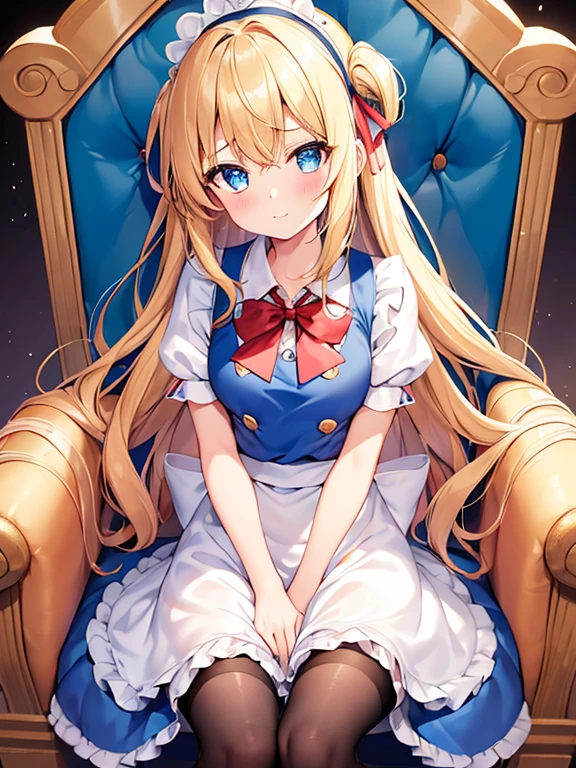 1girl in, (No Panties),(OPEN twat), length hair, blue eyess, blonde  hair, diadems, sitting on, I don't wear any underwear、A pose where you can be seen from below、Spreading legs with both hands、full view, doress, the bow, The card, pinafore, shairband, PlayingCards, looking at the viewers, shortsleeves, the bow of the hair, blue hairband, a smile, red blush, hand on own face, blue dress, alice(alice in Wonderland), hair between eye, a chair, Black pantyhose, blue the bow, a throne, puffy sleeves, Put your hand on your cheek, bangss, apron dress, shortsleeves, bow ribbon、very long hair、mini crown、foot out of frame、frilld、white pinafore、:q、​masterpiece、top-quality、((lifted skirt、Pussy、camel's toe)))、SEX、NFSW、
