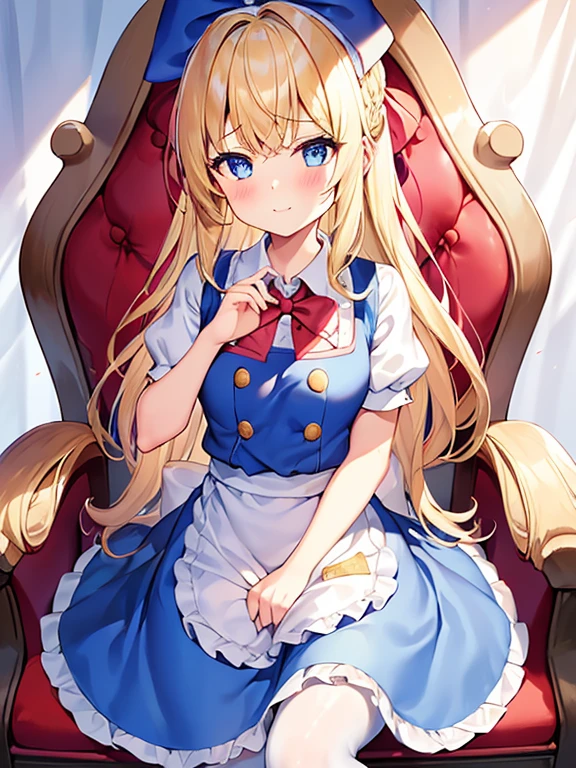 1girl in, (No Panties),(OPEN twat), length hair, blue eyess, blonde hair, diadems, sitting on, I don't wear any underwear、A pose where you can be seen from below、Spreading legs with both hands、full view, doress, the bow, The card, pinafore, shairband, PlayingCards, looking at the viewers, shortsleeves, the bow of the hair, blue hairband, a smile, red blush, hand on own face, blue dress, alice(alice in Wonderland), hair between eye, a chair, Black pantyhose, blue the bow, a throne, puffy sleeves, Put your hand on your cheek, bangss, apron dress, shortsleeves, bow ribbon、very long hair、mini crown、foot out of frame、frilld、white pinafore、:q、masterpiece、top-quality、((lifted skirt、Pussy、camel's toe)))、SEX、NFSW、
