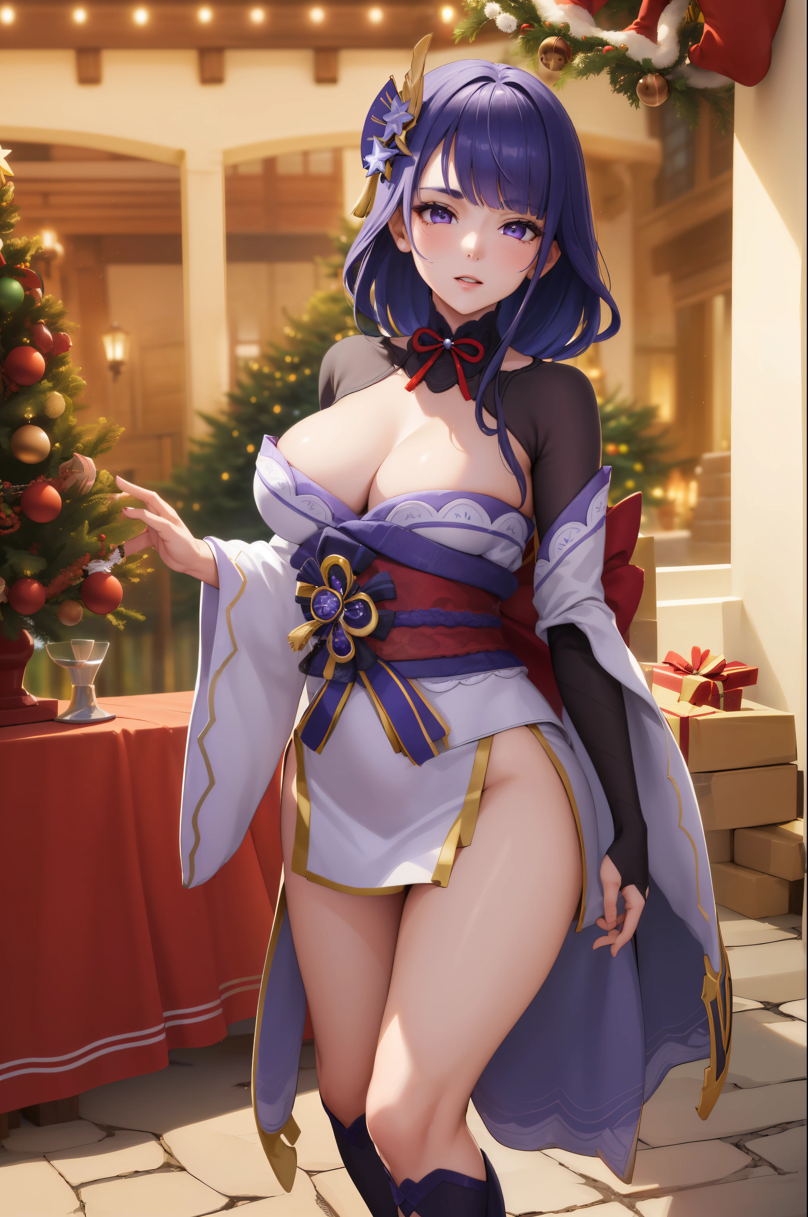 ((La mejor calidad)), ((Obra maestra)), (Detallado), Cara perfecta, Hermosa, ((4k)), SFW, Raiden Shogun, navidad, Christmas Costume, vestida con ropa de navidad, gorro de navidad, ((8k))