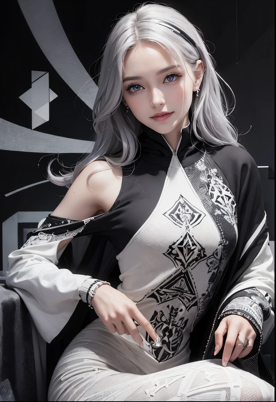 (Realistic:1.8), (Digital art:0.2), (Geometric art:1.7),(agpi official art, beautiful and aesthetic, ultra detailed, beautiful, masterpiece, best quality:1.6), (1girl:1.2), Detailed face, Detailed eyes, Detailed hair, young fingers, Detailed fingers, five fingerREAK cute ig model, Japanese cute model, 22 years old, Tightened all body, small head, small face, small mouth, diamond Face, small nose, Sharp Faceline, (dropy eyes, Double eyelid, Light color eyes, Glossy eyes, Shiny eyes:1.2), Shiny skin, shiny hair, (gray hair:1.2),
_
BREAK (happy, smile, Teeth, Glossy Lip:1.2),beautiful Teeth, (upper body:1.5), sitting, from front,
_
BREAK (BLACK and White theme:1.4), (view:1.2), (close-up emphasizing sweatshirt details:1.2), BREAK (black theme:1.2), (oversized black hoodie with geometric cutouts and patterns:1.2), (white skinny leggings with subtle geometric patterns:1.2),