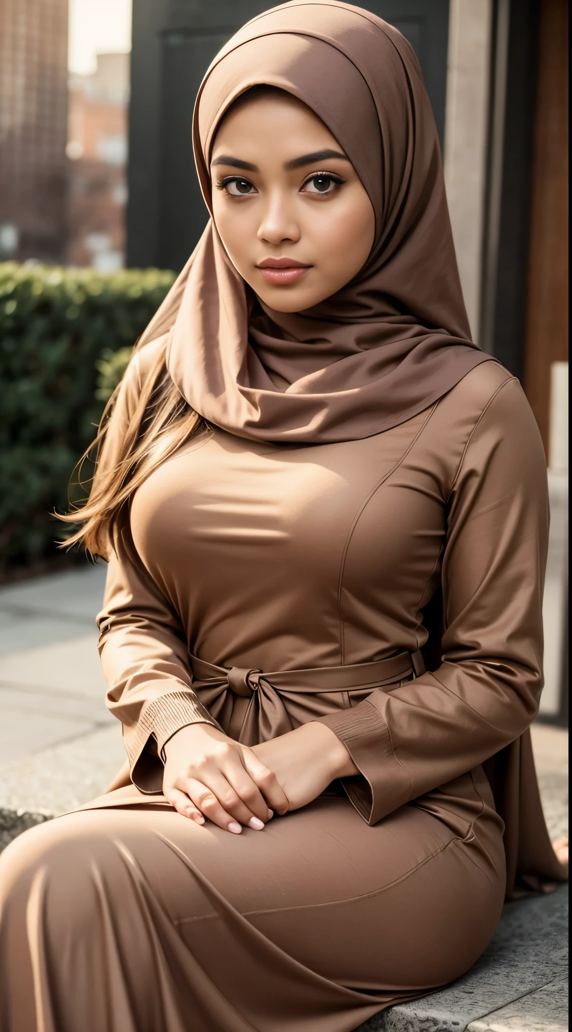 ( Close Up),RAW, Best quality, high resolution, masterpiece: 1.3), beautiful Malay woman in hijab, Masterpiece, perfect fit body, big breasts, beautiful big eyes, Soft smile, beautiful face, thick thighs,sitting, woman in dress brown , posing for photos, sophisticated dress, elegant suit, modestly dressed, women's long dress, brown clothing, simple flowing dress, coat pleats, elegant dress, muted brown, elegant clothing, brown color, detailed image, light brown ,(Delicate turtleneck ), evening walks, City parks, Great lighting, Bright colors, Clean lines
