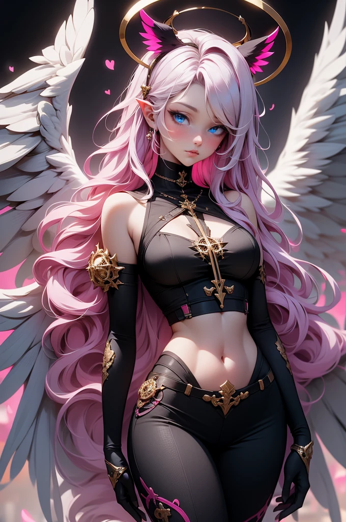 {-erro_de_anatomia:1.0} woman, solo, long hair, breasts, sideboob, areola, long white hair, white stockings, pink heart-shaped wings, compass rose halo, wings, navel, gloves, bunny ears, diaphragm, magic circle, asymmetrical legwear, angel, angel wings, small pink wing, animal ears, very long hair, blue eyes, pink wings, big breasts, mismatched pants, single shoe, feathered wings, blue eyes, shoes, high socks, crop top pink, cross, white hair, looking at the viewer, close up the face, portrait