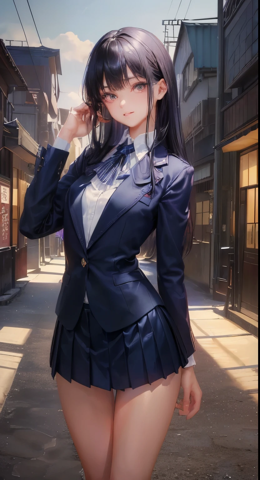 (official art、Best Quality、Unity 8k Wallpapers、32K、 masterpiece、ultra-detailliert)、Detailed beautiful face and eyes,cowboy shot,(focus 1woman,solo),25-year-old beauty、japanes、((smaller head:1.5, ideal ratio body proportions:1.4)), (black hair,long hair,blunt bangs),a smile,((skinny:1.2,slender body:1.3,small breasts:1.2)),(((Dark blue blazer:1.5、White shirt、pleated navy mini skirt:1.2)))、Combat boots、(taisho steam punk:1.3、Taisho period in Japan:1.3,In the street),